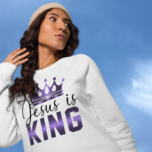 Jesus is KING, Unisex Organic Raglan Sweatshirt, White