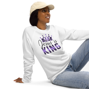 Jesus is KING, Unisex Organic Raglan Sweatshirt, White