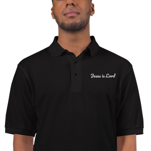 Jesus is Lord, Embroidered Premium Polo, Black with White Lettering