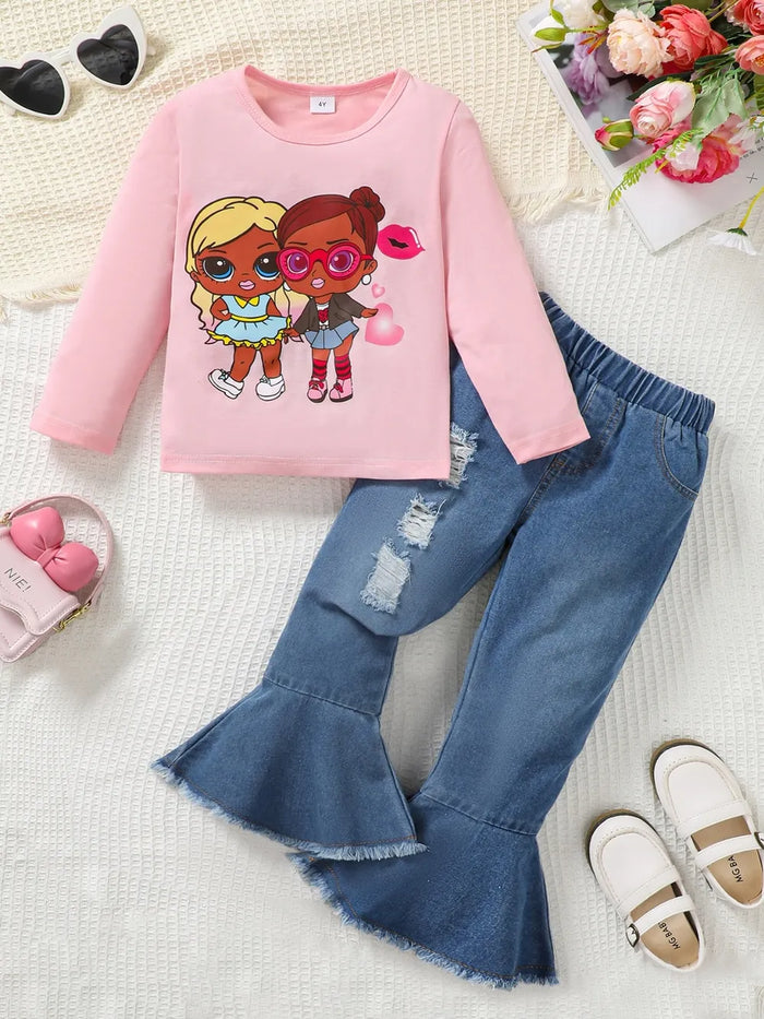 Round Neck Graphic Top and Pants Set, Kids