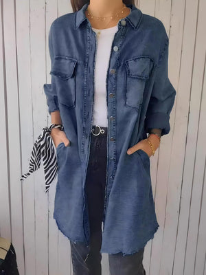 Full Size, Raw Hem, Button-Up Long Sleeve Denim Top