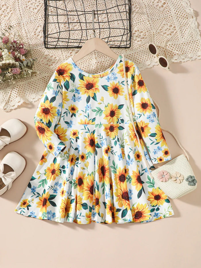 Sunflower Print Round Neck Long Sleeve Dress, Kids