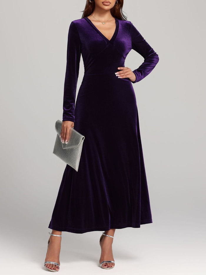 V-Neck Long Sleeve Velvet Dress