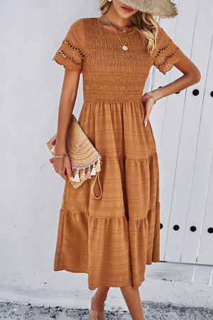 Devine Smocked Round Neck Short Sleeve Midi Dress