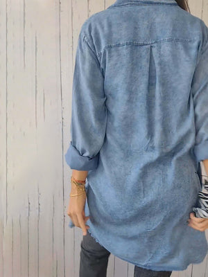 Full Size, Raw Hem, Button-Up Long Sleeve Denim Top