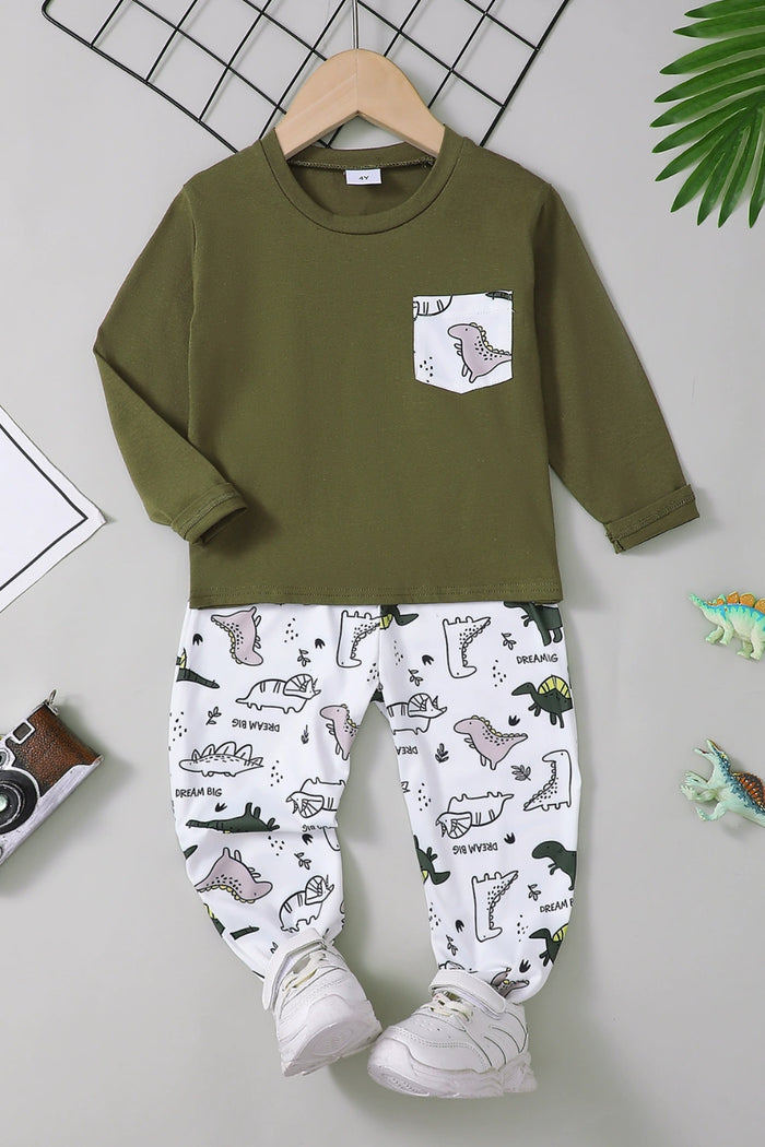 Kids Round Neck Long Sleeve Top and Printed Pants Set