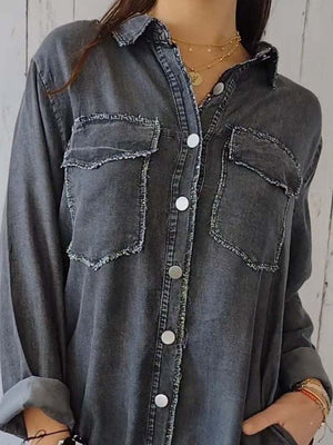 Full Size, Raw Hem, Button-Up Long Sleeve Denim Top