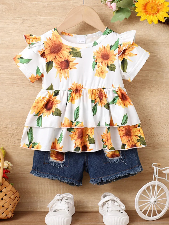 Sunflower Ruffled Short Sleeve Top and Shorts Set, Babies and Toddlers