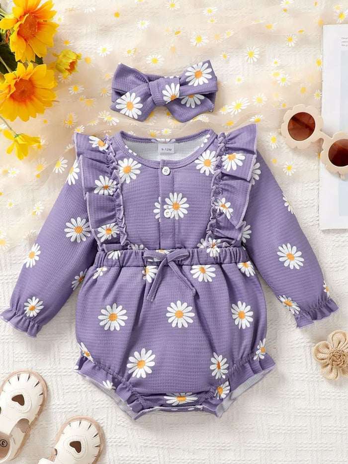 Ruffled Round Neck Floral Romper with Headband, Babies