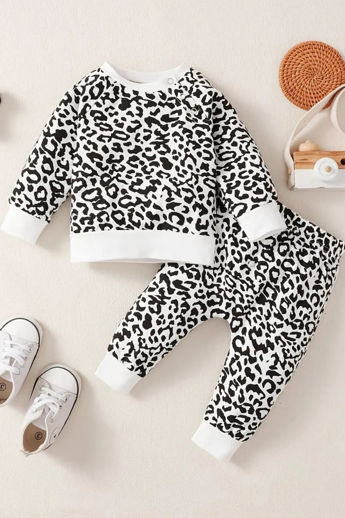 Leopard Round Neck Long Sleeve Top and Pants Set, Babies and Toddlers