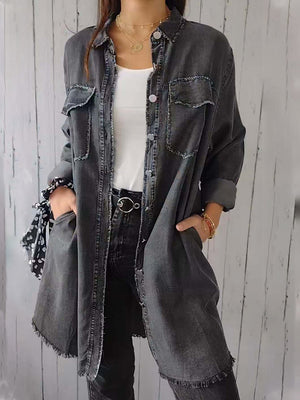 Full Size, Raw Hem, Button-Up Long Sleeve Denim Top