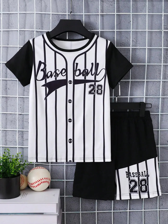 Round Neck Contrast Striped T-Shirt and Shorts Set, Kids