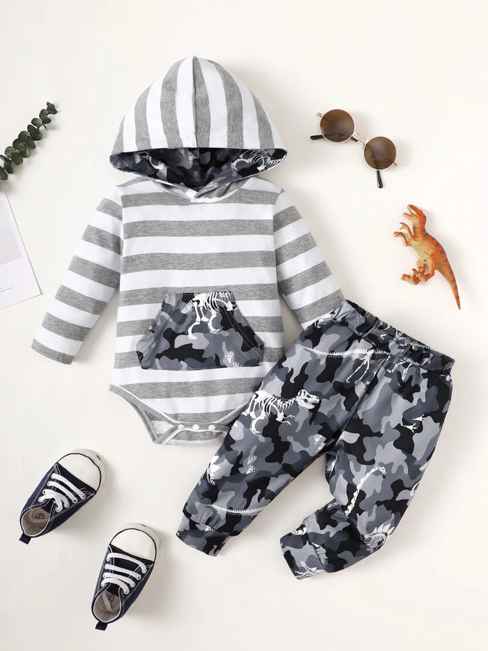 Striped Hooded Bodysuit and Camouflage Pants Set, Babies