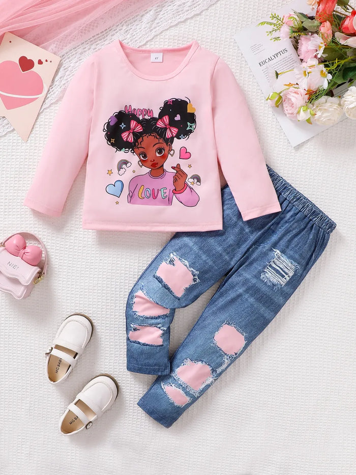 Cartoon Graphic Top and Pants Set, Kids