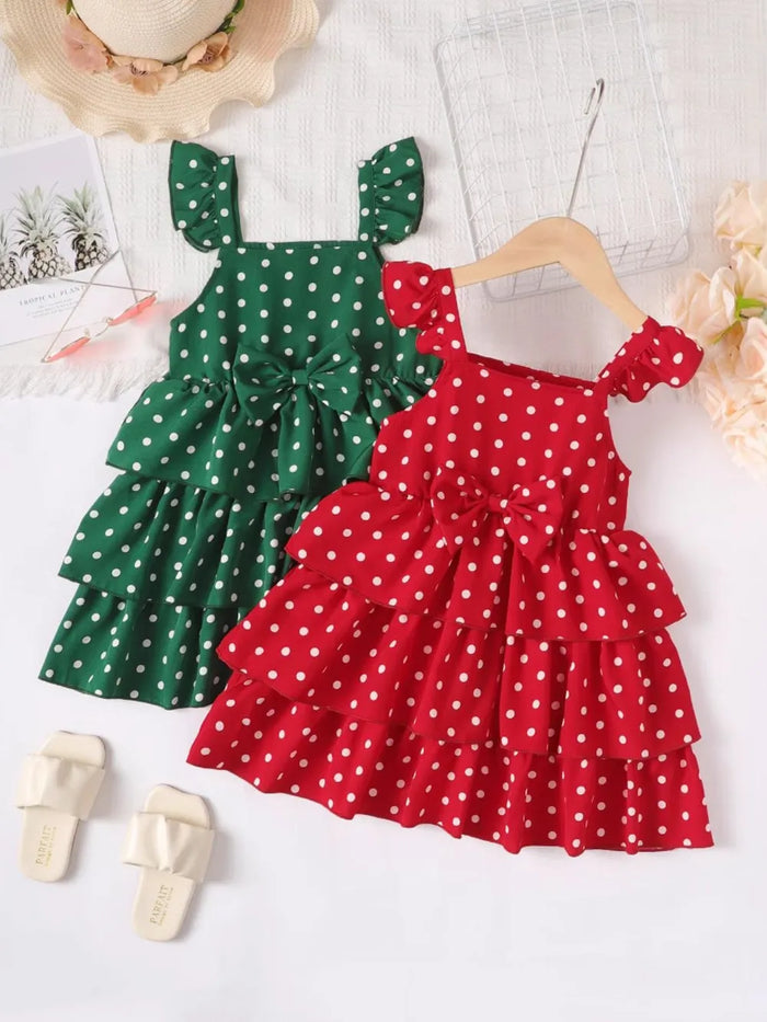 Bow Polka Dot Square Neck Layered Dress, Babies and Toddlers