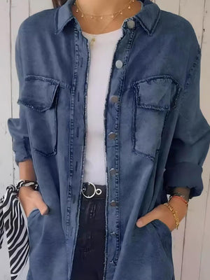 Full Size, Raw Hem, Button-Up Long Sleeve Denim Top