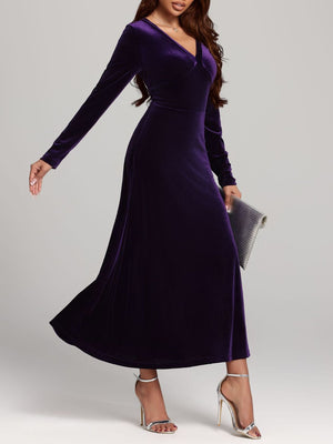 V-Neck Long Sleeve Velvet Dress