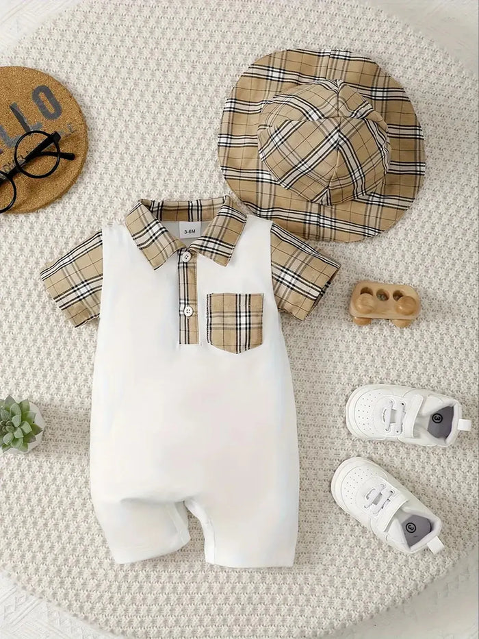 Hat and Plaid Short Sleeve One-Piece Romper, Babies