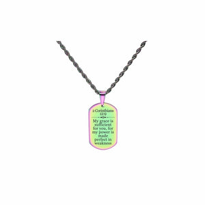 Solid Stainless Steel Scripture Tag Necklace - 2 Corinthians 12:9