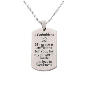 Solid Stainless Steel Scripture Tag Necklace - 2 Corinthians 12:9