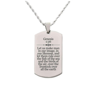 Solid Stainless Steel Scripture Tag Necklace, 5 Colors, Genesis 1:26