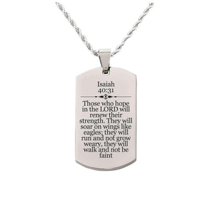 Solid Stainless Steel Scripture Tag Necklace, 5 Colors, Isaiah 40:31