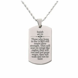 Solid Stainless Steel Scripture Tag Necklace, 5 Colors, Isaiah 40:31