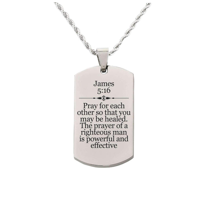 Solid Stainless Steel Scripture Tag Necklace, 5 Colors, James 5:16