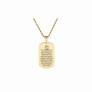 Solid Stainless Steel Scripture Tag Necklace, 5 Colors, John 16:33