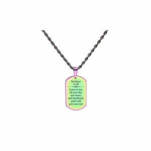 Solid Stainless Steel Scripture Tag Necklace, 5 Colors, Matthew 11:28
