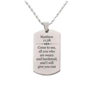 Solid Stainless Steel Scripture Tag Necklace, 5 Colors, Matthew 11:28