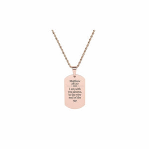 Solid Stainless Steel Scripture Tag Necklace, 5 Colors, Matthew 28:20