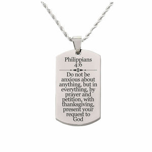 Solid Stainless Steel Scripture Tag Necklace, 5 Colors, Philippians 4:6