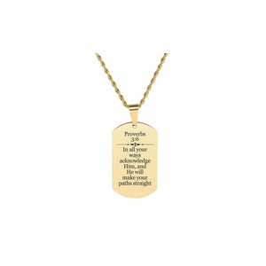 Solid Stainless Steel Scripture Tag Necklace, 5 Colors, Proverbs 3:6