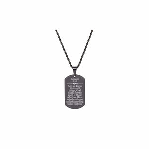 Solid Stainless Steel Scripture Tag Necklace, 5 Colors, Romans 8:28