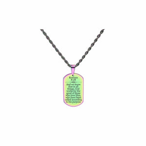 Solid Stainless Steel Scripture Tag Necklace, 5 Colors, Romans 8:28