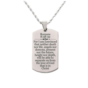 Solid Stainless Steel Scripture Tag Necklace, 5 Colors, Romans 8:38-39