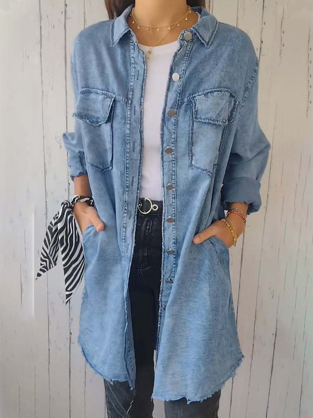 Full Size, Raw Hem, Button-Up Long Sleeve Denim Top