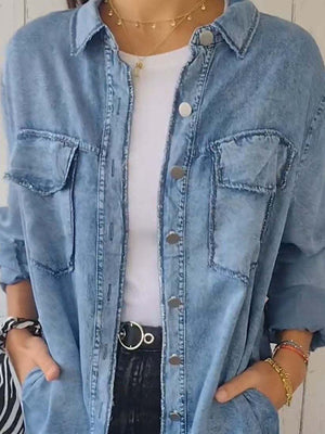 Full Size, Raw Hem, Button-Up Long Sleeve Denim Top