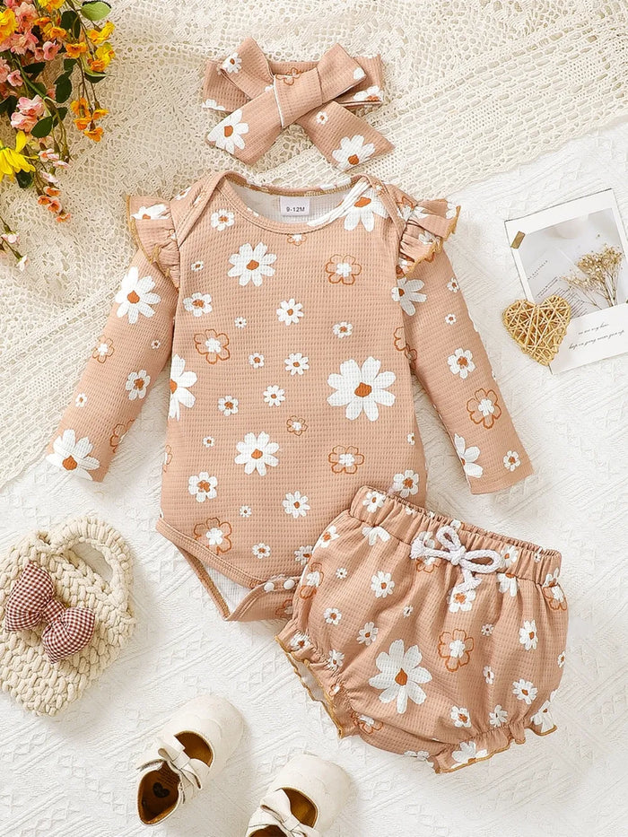 Ruffled Floral Bodysuit and Bloomer, Headband Set, Babies