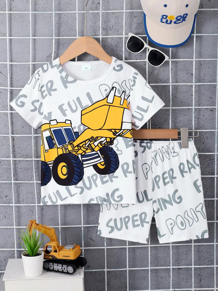 Round Neck Cartoon Graphic T-Shirt and Shorts Set, Kids
