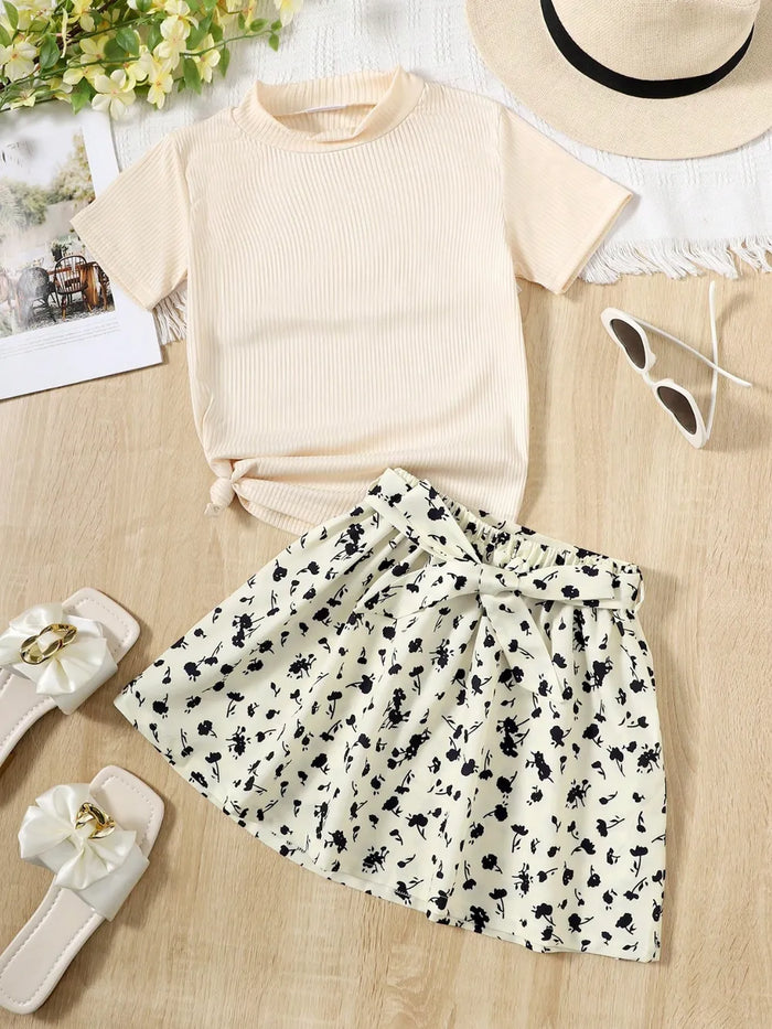 Ribbed T-Shirt and Contrast Floral Skirt Set, Kids