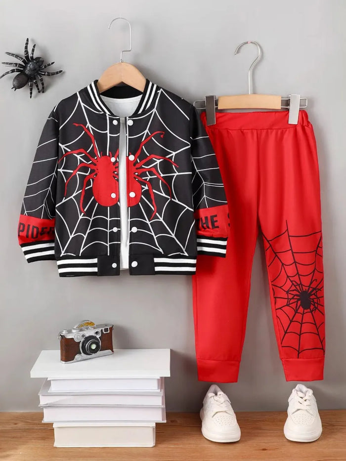 Spider Baseball Collar Top and Pants Set, Kids