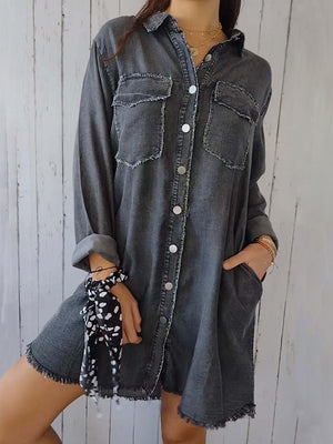 Full Size, Raw Hem, Button-Up Long Sleeve Denim Top