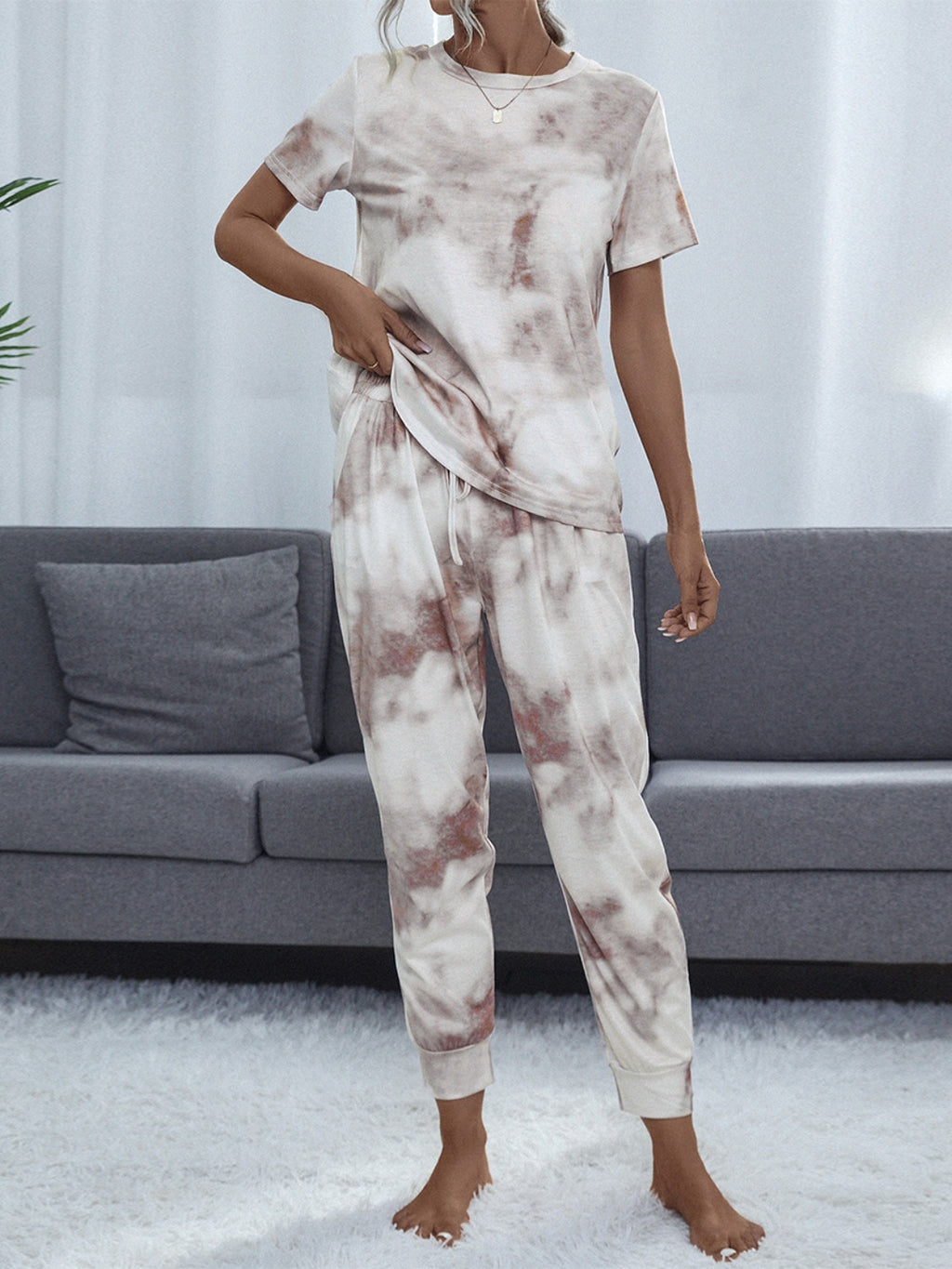 Shiny Tie-Dye Round Neck Short Sleeve Top and Pants Lounge Set