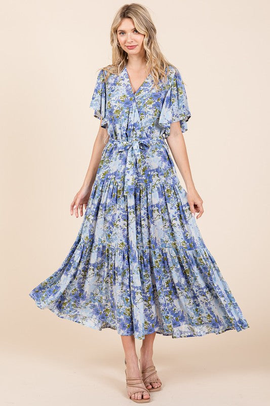 Mittoshop Floral Tie Waist Flutter Sleeve Tiered Dress