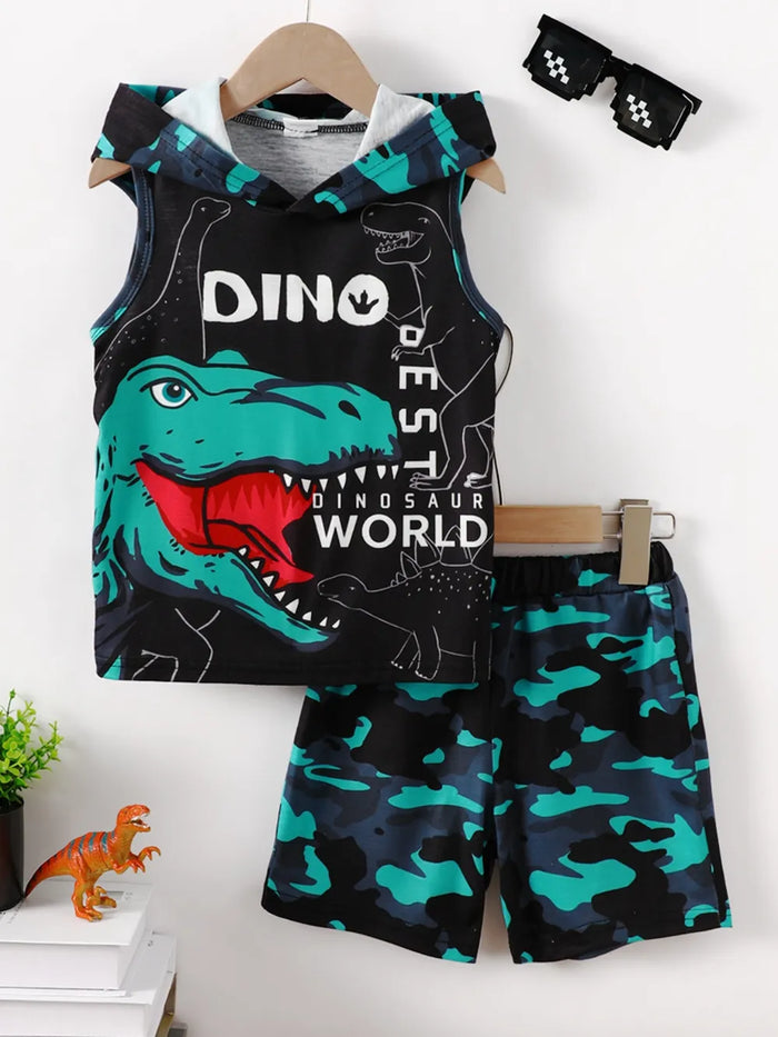 Dinosaur Sleeveless Hooded Top and Pants Set, Kids
