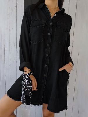 Full Size, Raw Hem, Button-Up Long Sleeve Denim Top