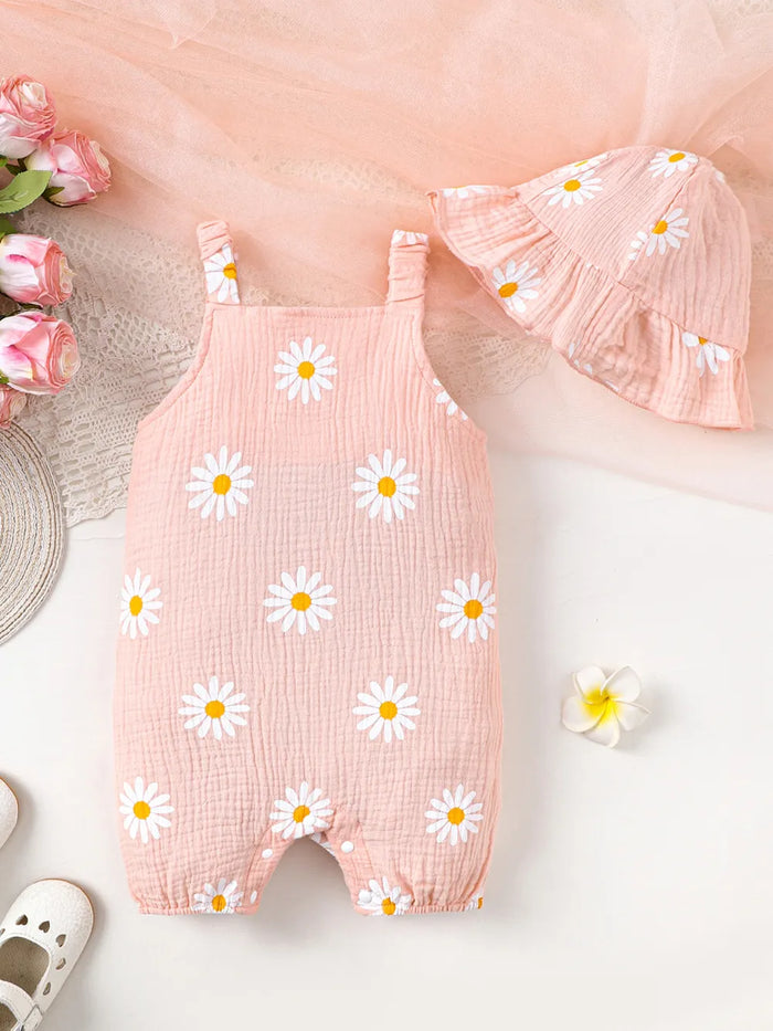 Daisy Textured Wide Strap Romper and Hat Set, Babies