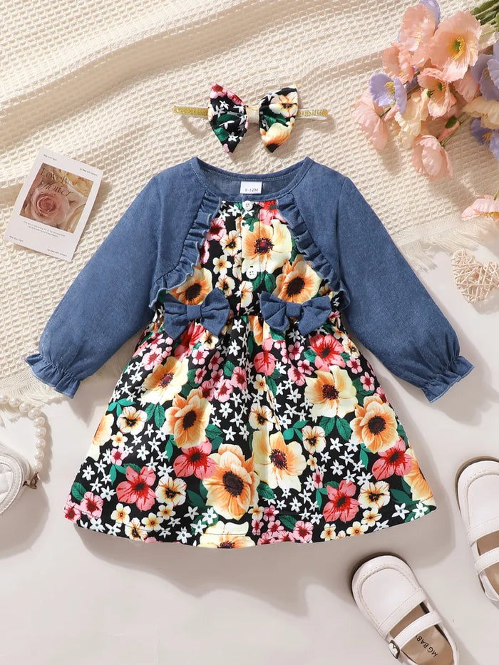 Ruffled Bow Contrast Floral Dress with Headband, Babies and Toddlers